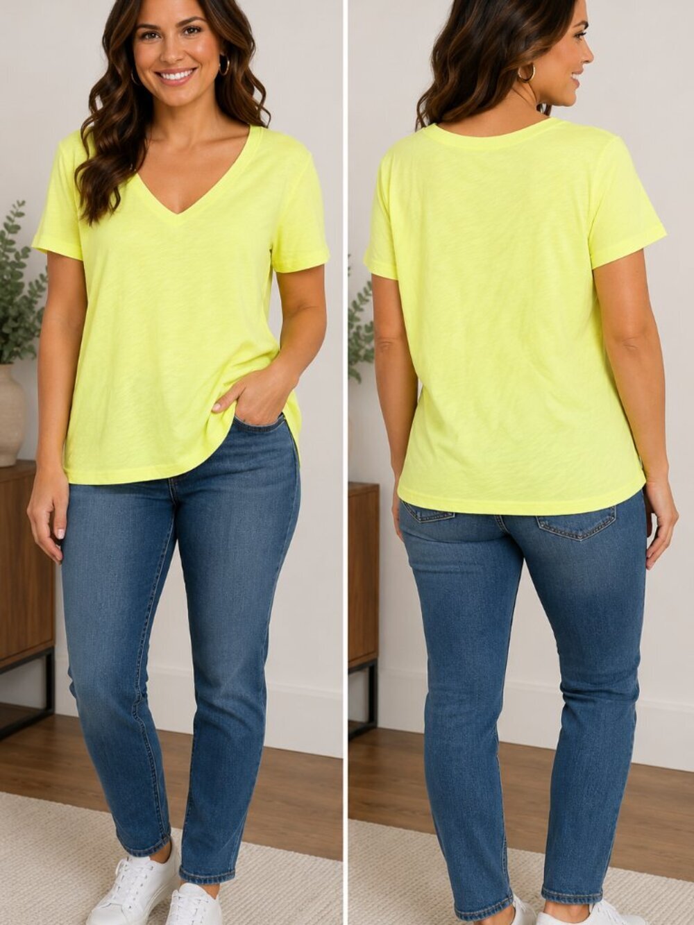 Candace Cameron Bure Neon Yellow V Neck Cotton Tee Shirt S QVC